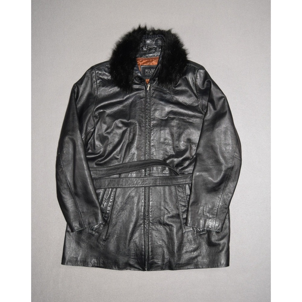 Wilsons Leather Jacket Womens XL Black Faux Fur Trim Belted Full Zip Lined